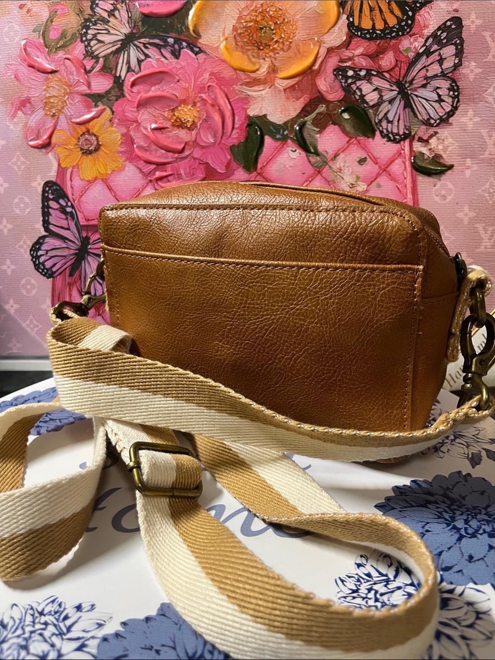 Leather Crossbody Bag with Striped Canvas Guitar Strap - Tan